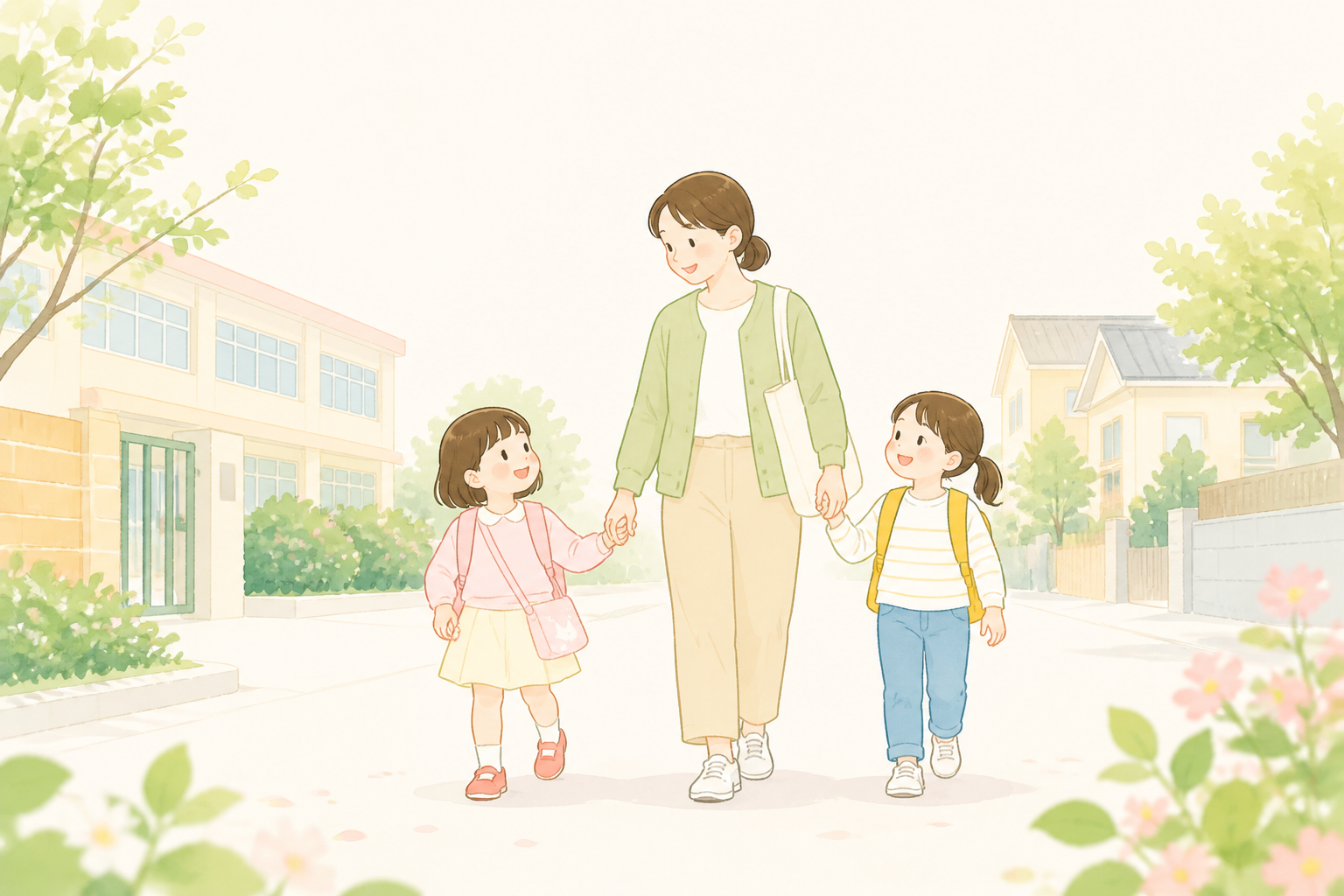 돌봄 선생님이 두 아이와 함께 학교와 유치원에서 집으로 이동하는 모습